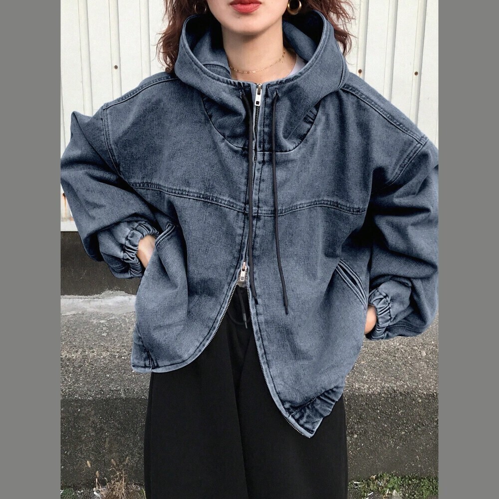 Washed Slate Blue Denim Zip Front Hooded Crop Jacket with Drawstring Hood
